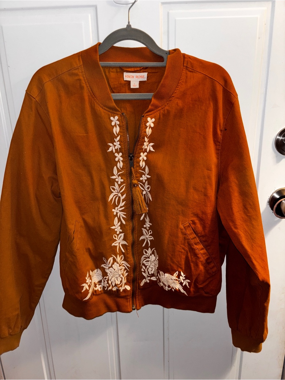 Knox Rose Large Burnt Orange Embroidered Floral Bomber Jacket ptp:22 length:25